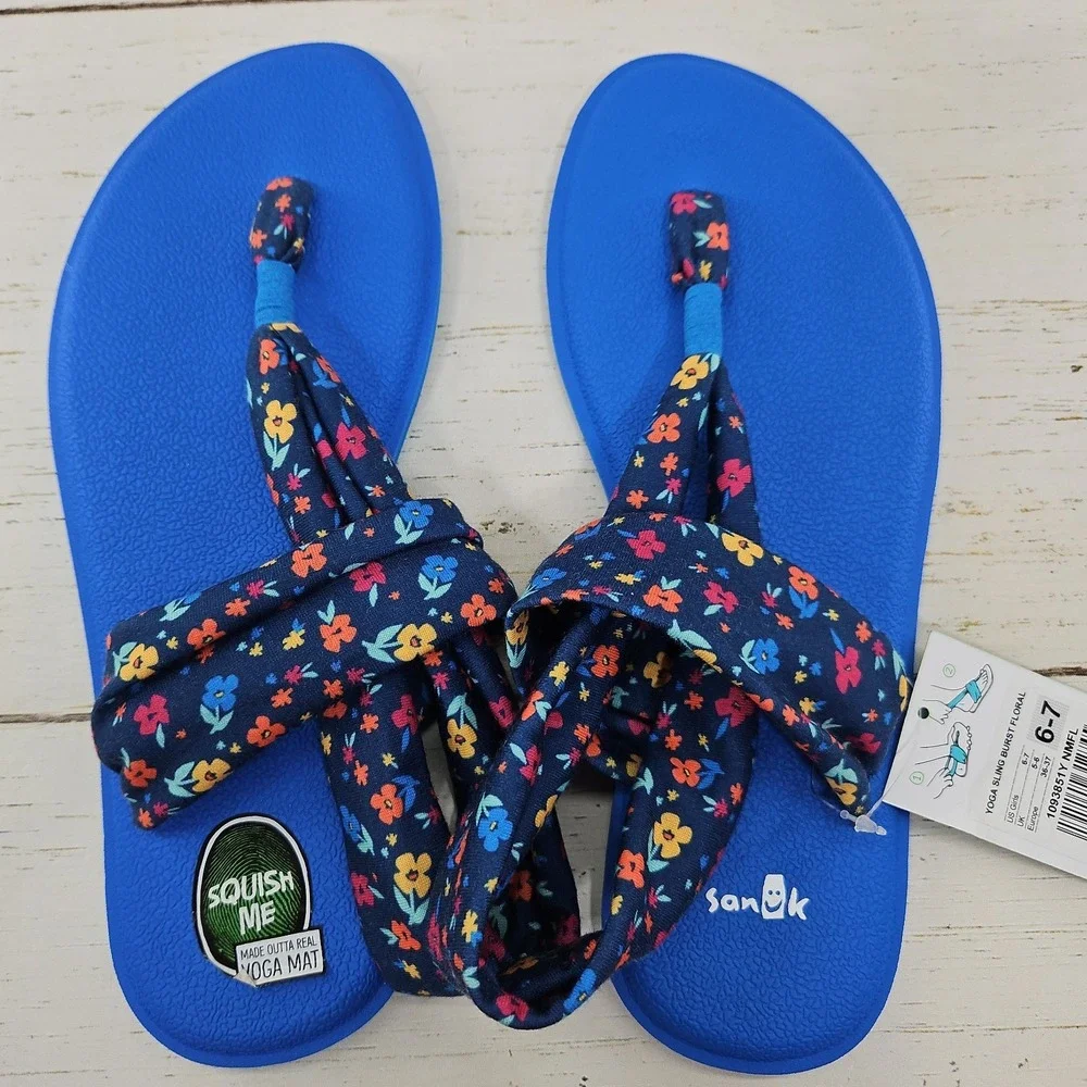 Sanuk Yoga Sling Burst Girls Youth Sandal Size 6-7 Blue Floral Flip Flop 1093851